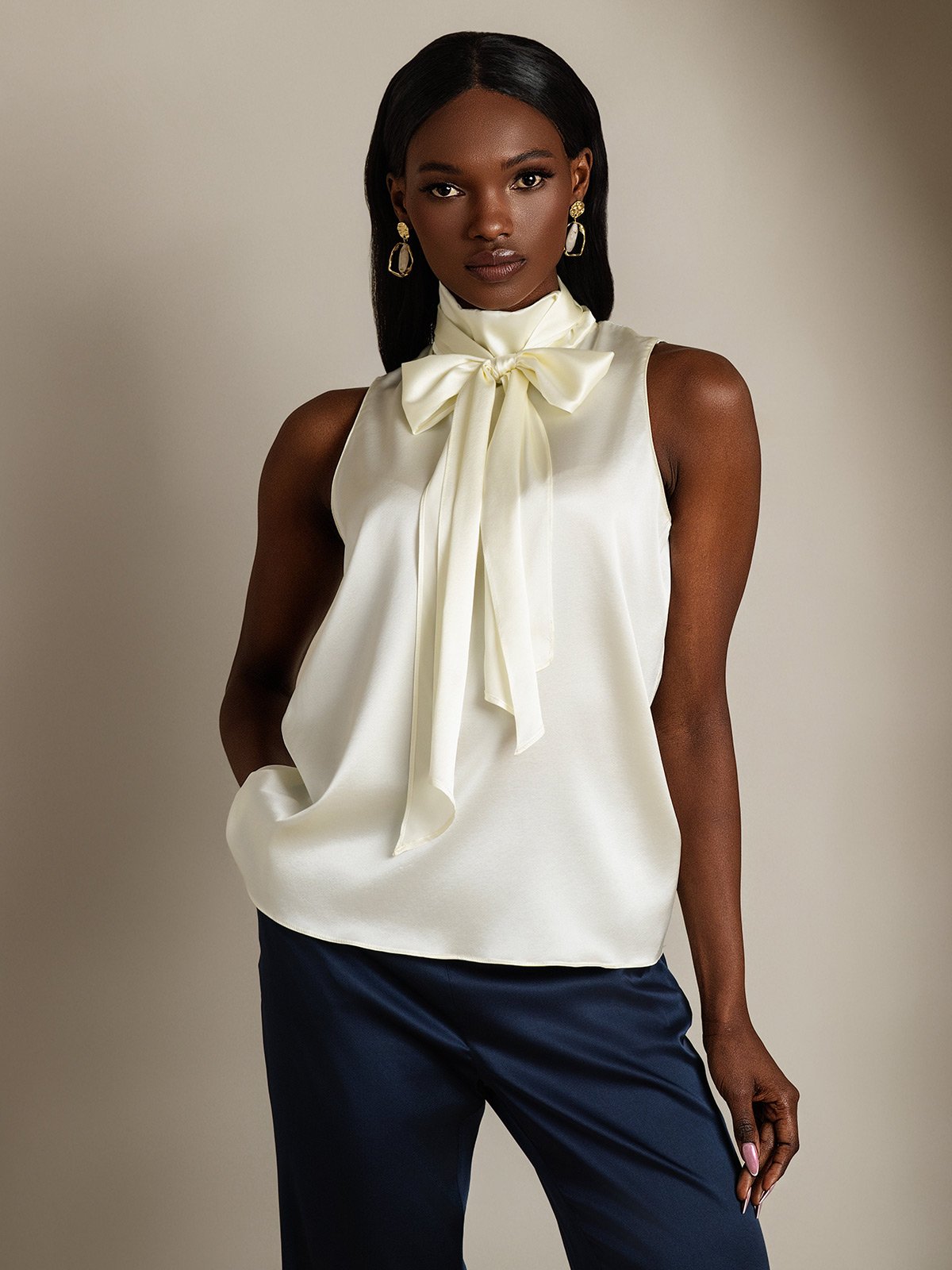 SilkSilky-FR 19Momme Soie Nœud à l'encolure Femme Chemise Ivory 004