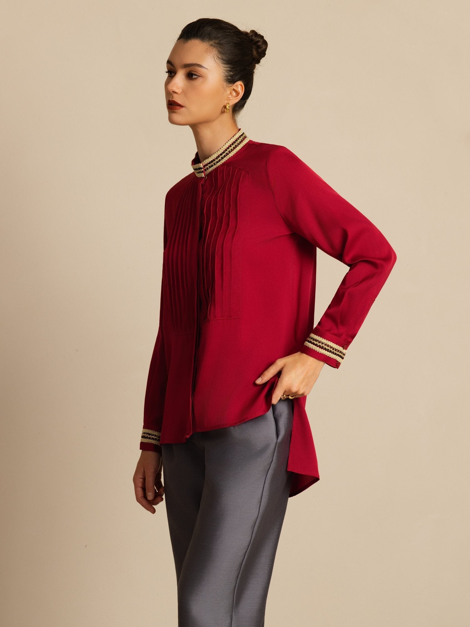 [Rouge Vineux] SilkSilky-FR 19Momme Soie Manches longues Col Montant Blouse 005