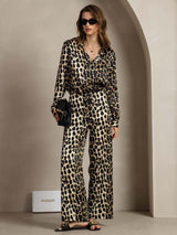 [Leopard] SilkSilky-FR 19Momme Soie Col Chemise Women''s Outfit Sets 005