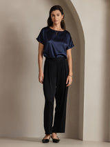 [Bleu Foncé] SilkSilky-FR Short Sleeve Boat Neck Femme T-Shirt 005