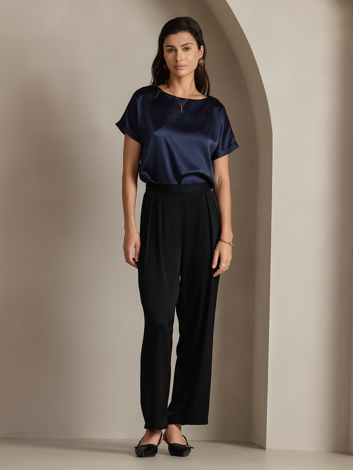 [Bleu Foncé] SilkSilky-FR 19Momme Soie Col Rond Femme T-Shirt 005