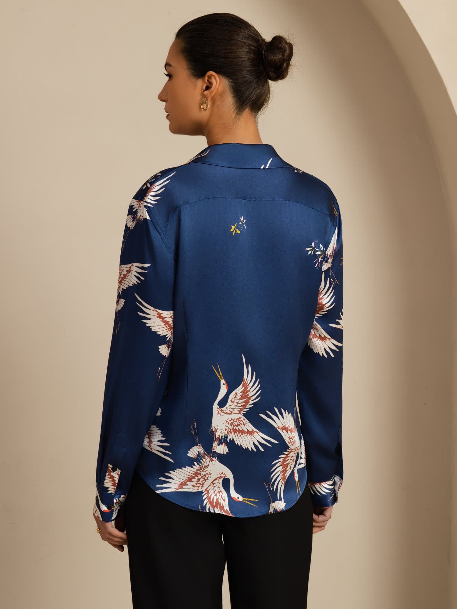 [Bleu Foncé] SilkSilky-FR 19Momme Manches longues Col à Revers Femme Chemise 002