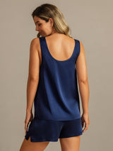 [Bleu Foncé] SilkSilky-FR 19Momme Sans manches Encolure Dégagée Femme Pyjamas 002