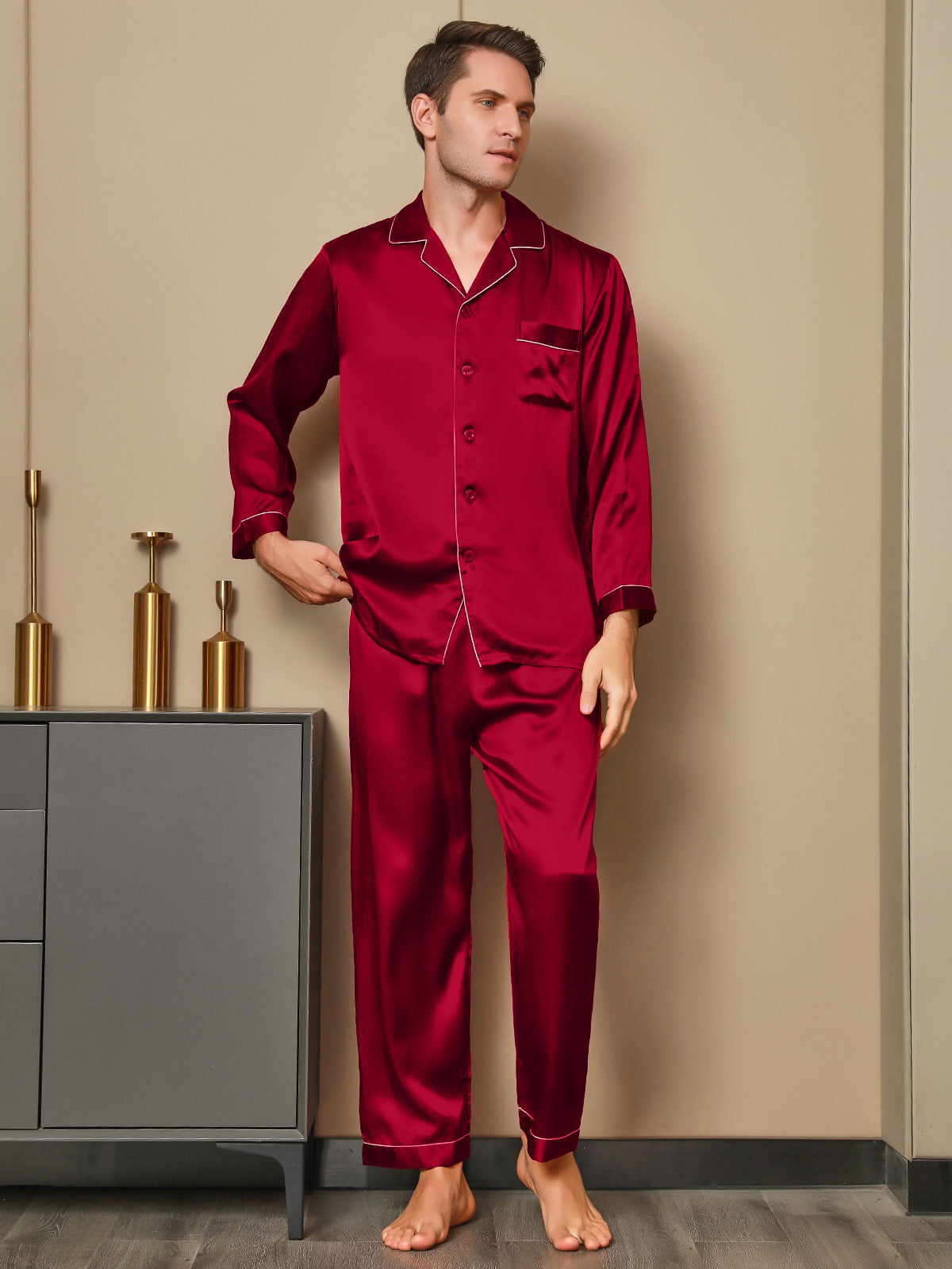 SilkSilky FR 19Momme Pure Soie Manches longues Revers Homme Pyjamas Rouge 003