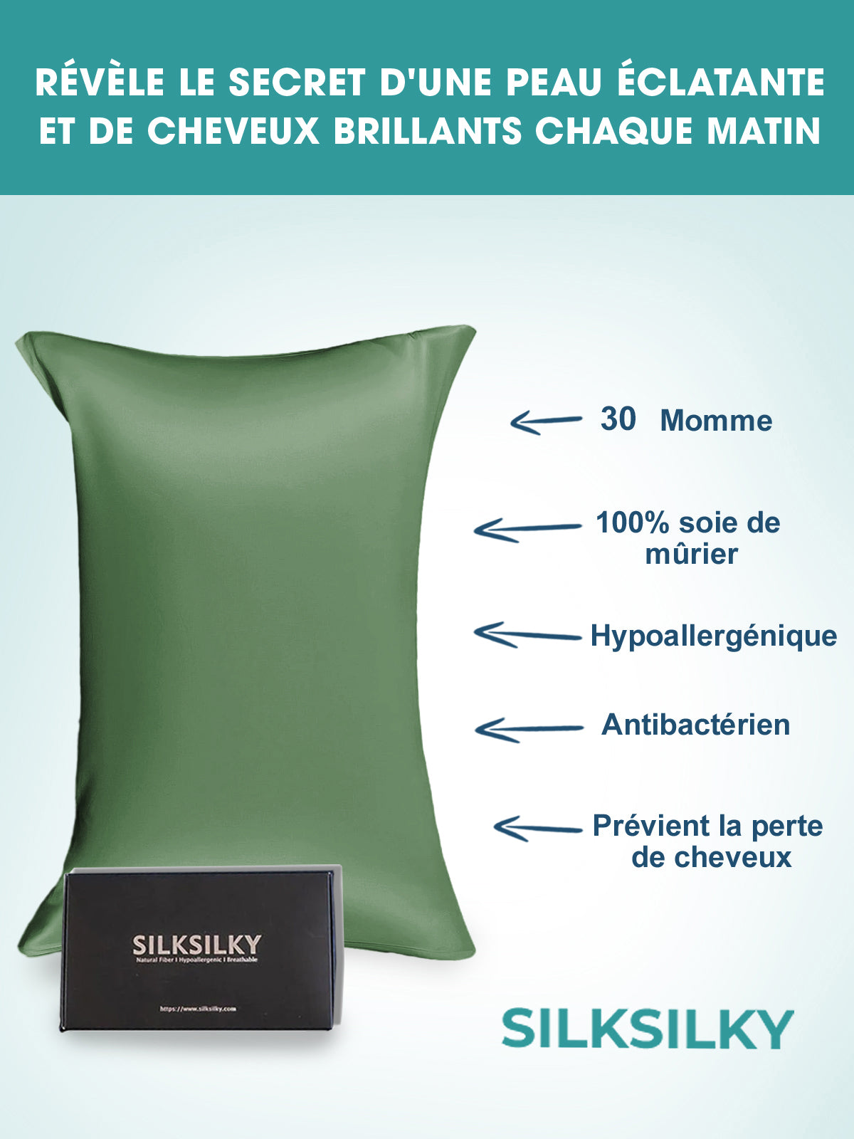 SilkSilky FR 30Momme Pure Soie Pillowcase VertGrisâtre 002