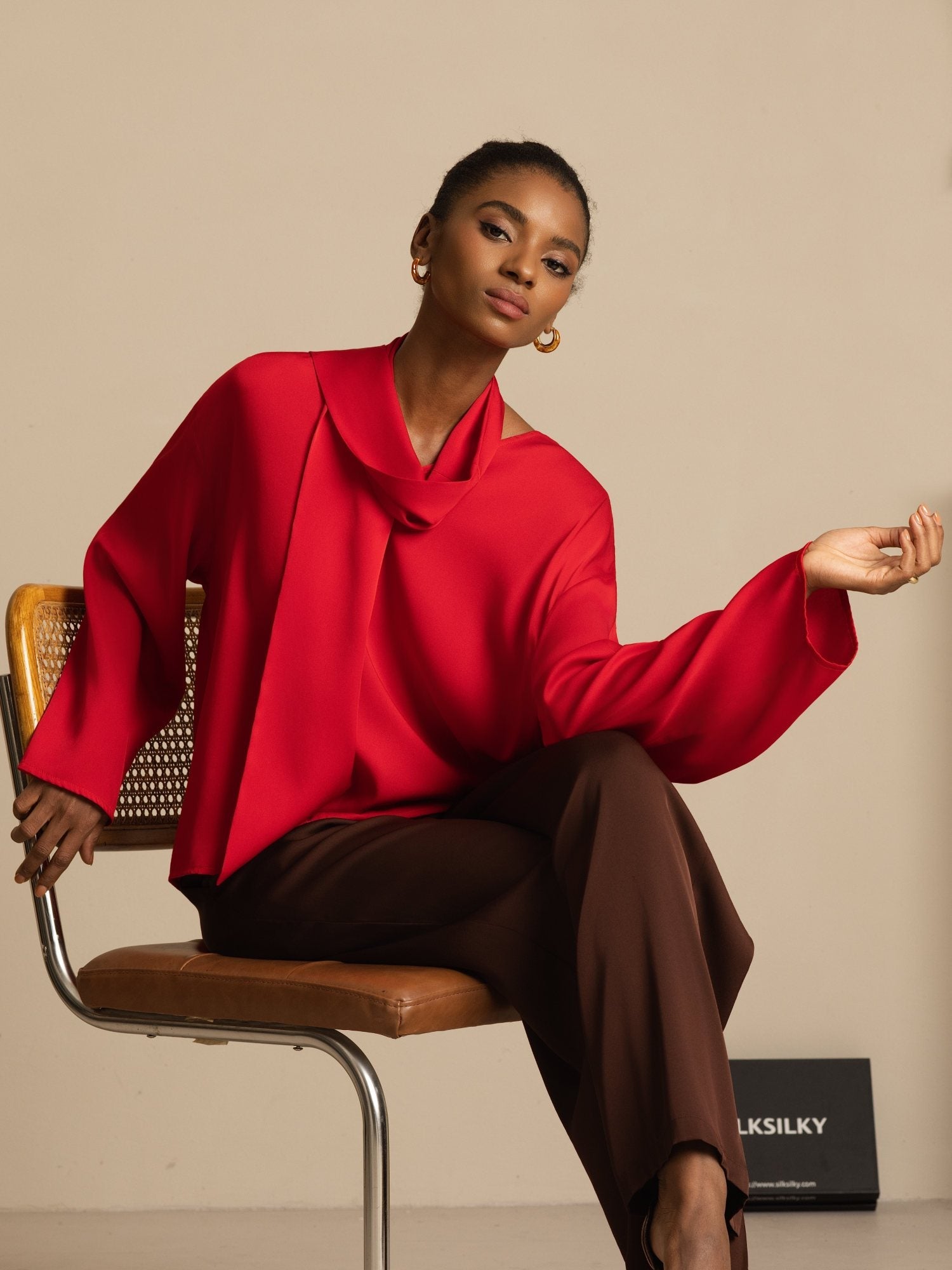 [Rouge Vineux] SilkSilky-FR 19Momme Soie Manches longues Col V Blouse 005