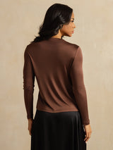 [Café] SilkSilky-FR Long Sleeve Crew Neck Femme T-Shirt 002