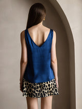 [Bleu Foncé] SilkSilky-FR Sleeveless V Neck Top À Fines Brides 002