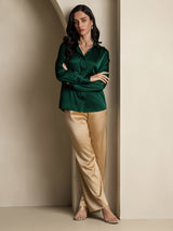 [Vert Foncé] SilkSilky-FR Long Sleeve Lapel Collar Femme Chemise 008