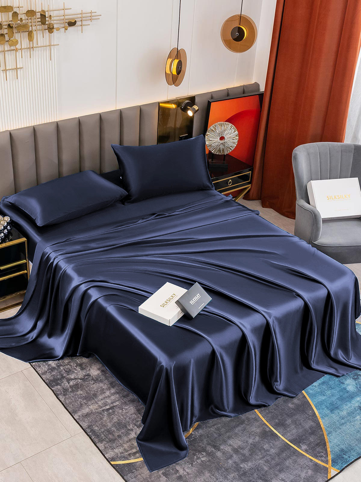 [Bleu Foncé] SilkSilky-FR 19Momme Pure Silk Bedding Set 001