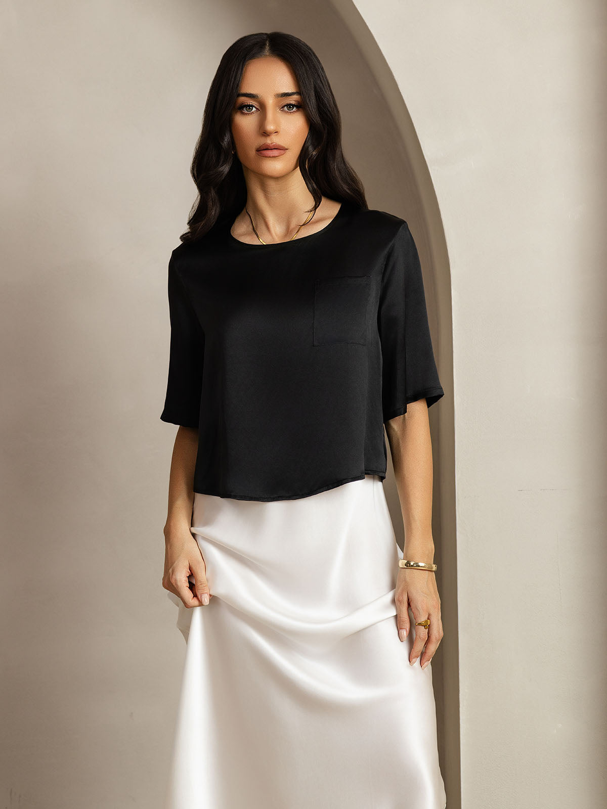 [Noir] SilkSilky-FR Pure Soie Col Bateau Femme T-Shirt 004