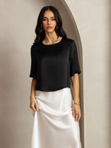 [Noir] SilkSilky-FR Manches mi-longues Encolure Dégagée Femme T-Shirt 004