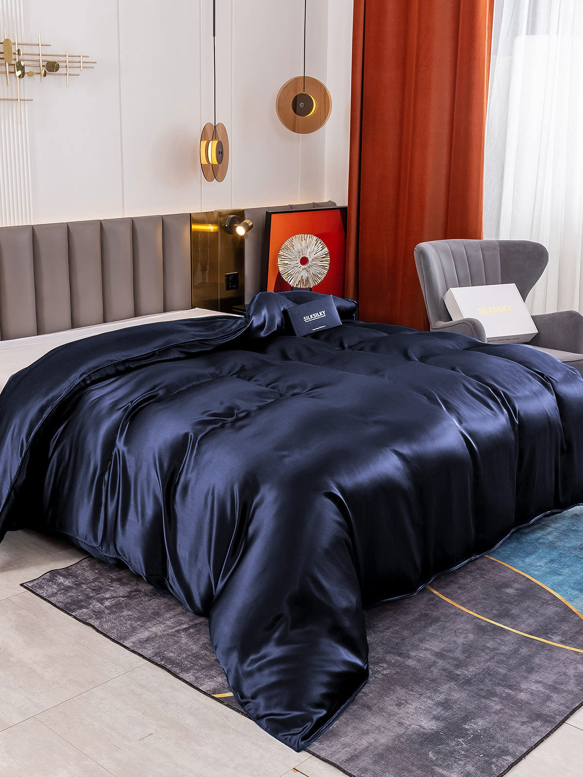 SilkSilky FR 19Momme Pure Soie Duvet Cover BleuFoncé 001