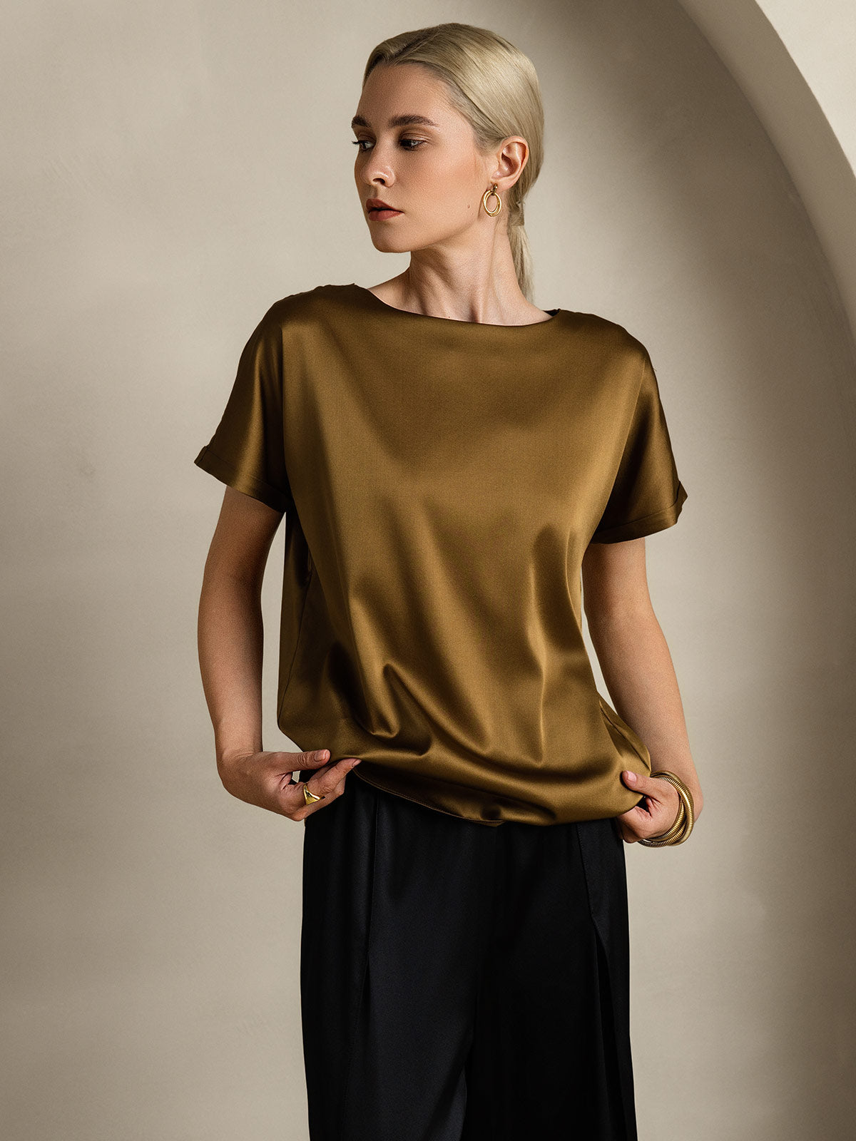 [Brun] SilkSilky-FR 19Momme Soie Col Rond Femme T-Shirt 004