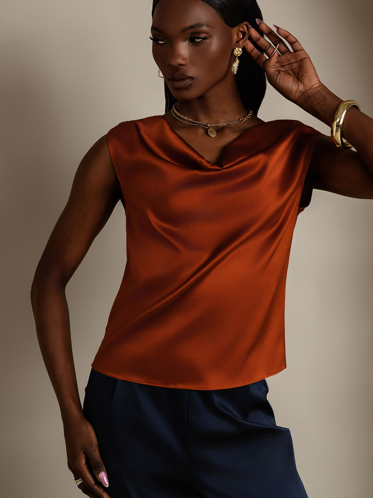 [Caramel] SilkSilky-FR 19Momme Soie Sans manches Col Bénitier Femme T-Shirt 006