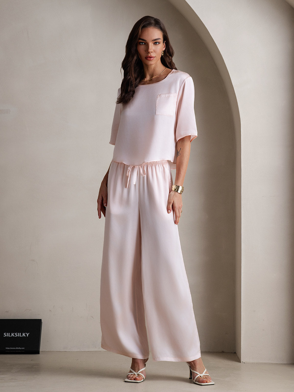 [Rose] SilkSilky-FR Pure Soie Col Rond Femme Pyjamas 004
