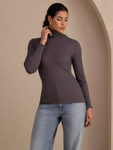 [Gris Foncé] SilkSilky-FR Long Sleeve Turtle Neck Femme T-Shirt 003