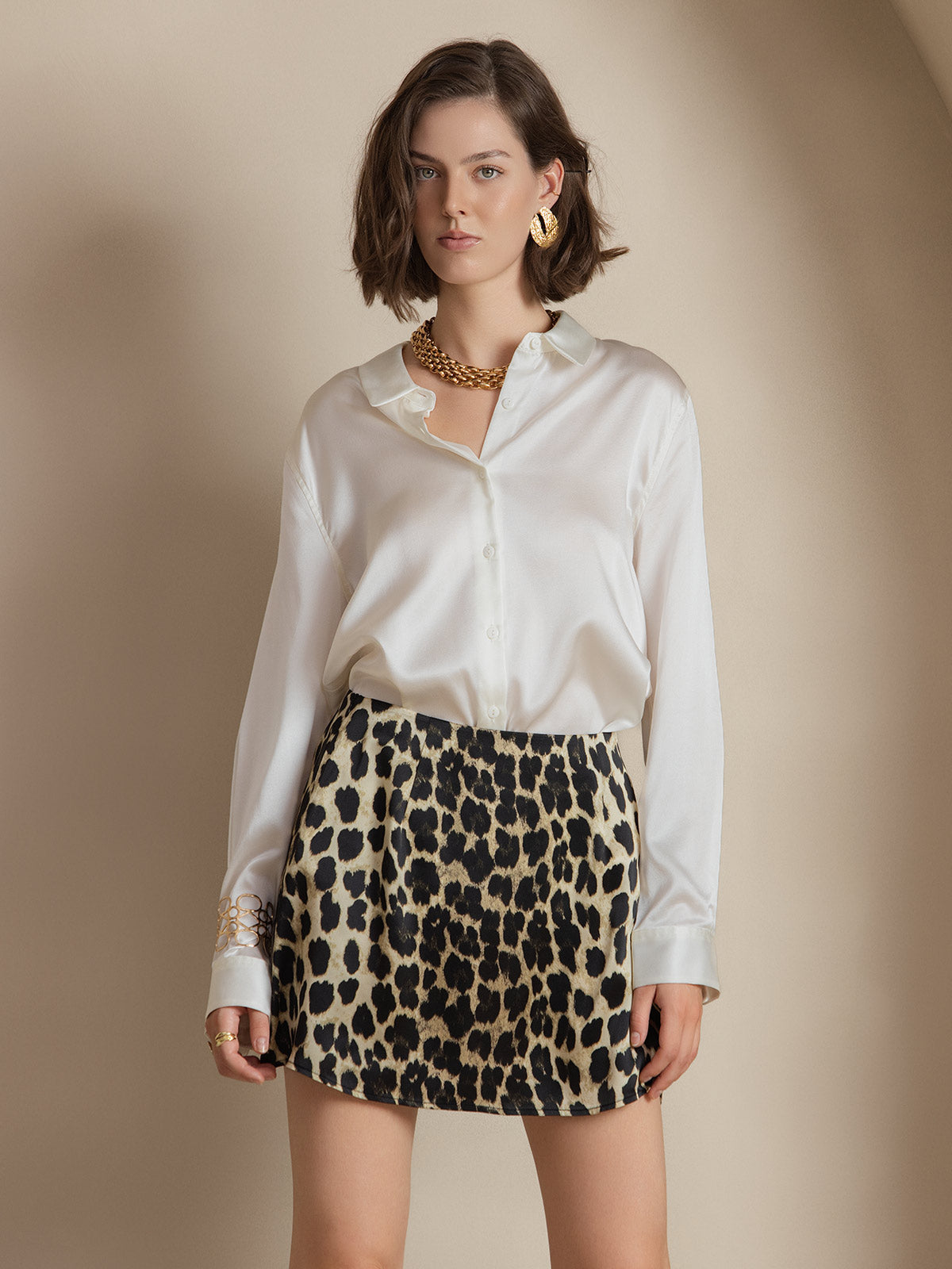 [Blanc] SilkSilky-FR Soie Manches longues Col Chemise Femme Chemise 001