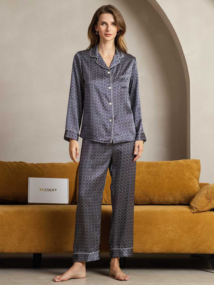 Pyjama soie imprimé ginkgo marine col revers