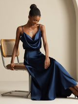 [Bleu Foncé] SilkSilky-FR Spaghetti Strap Cowl Neck Women's Outfit Sets 008