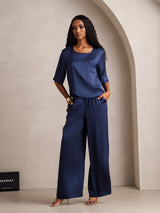 [Bleu Foncé] SilkSilky-FR Half Sleeve Round Neck Femme Pyjamas 006