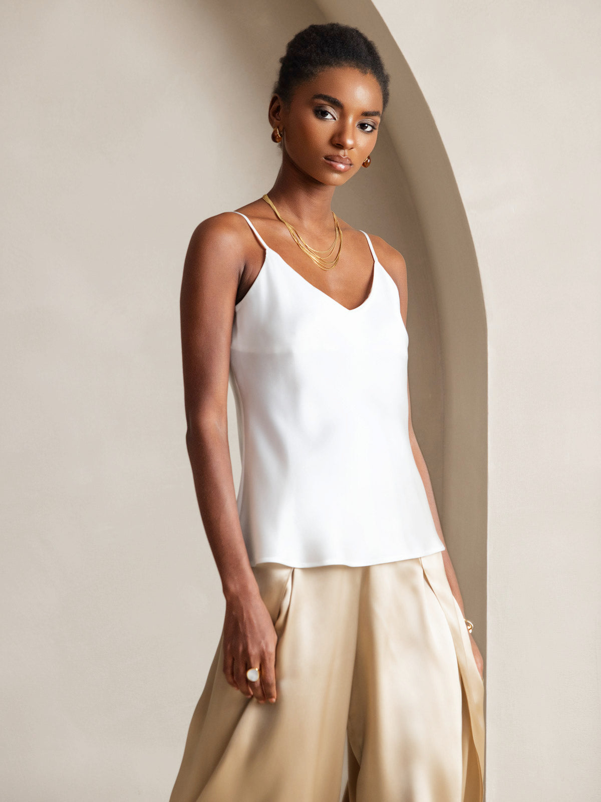 [Blanc] SilkSilky-FR Pure Soie Col en V Top À Fines Brides 005