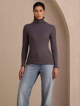 [Gris Foncé] SilkSilky-FR Long Sleeve Turtle Neck Femme T-Shirt 004