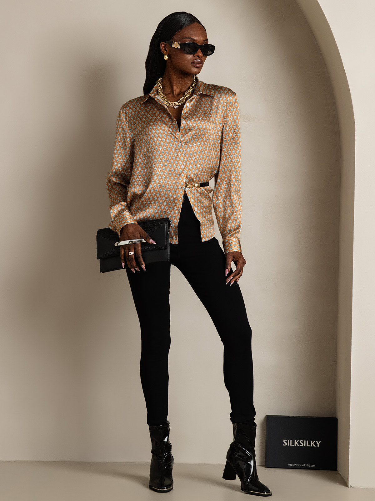 [Floral] SilkSilky-FR 19Momme Manches longues Col à Revers Femme Chemise 008