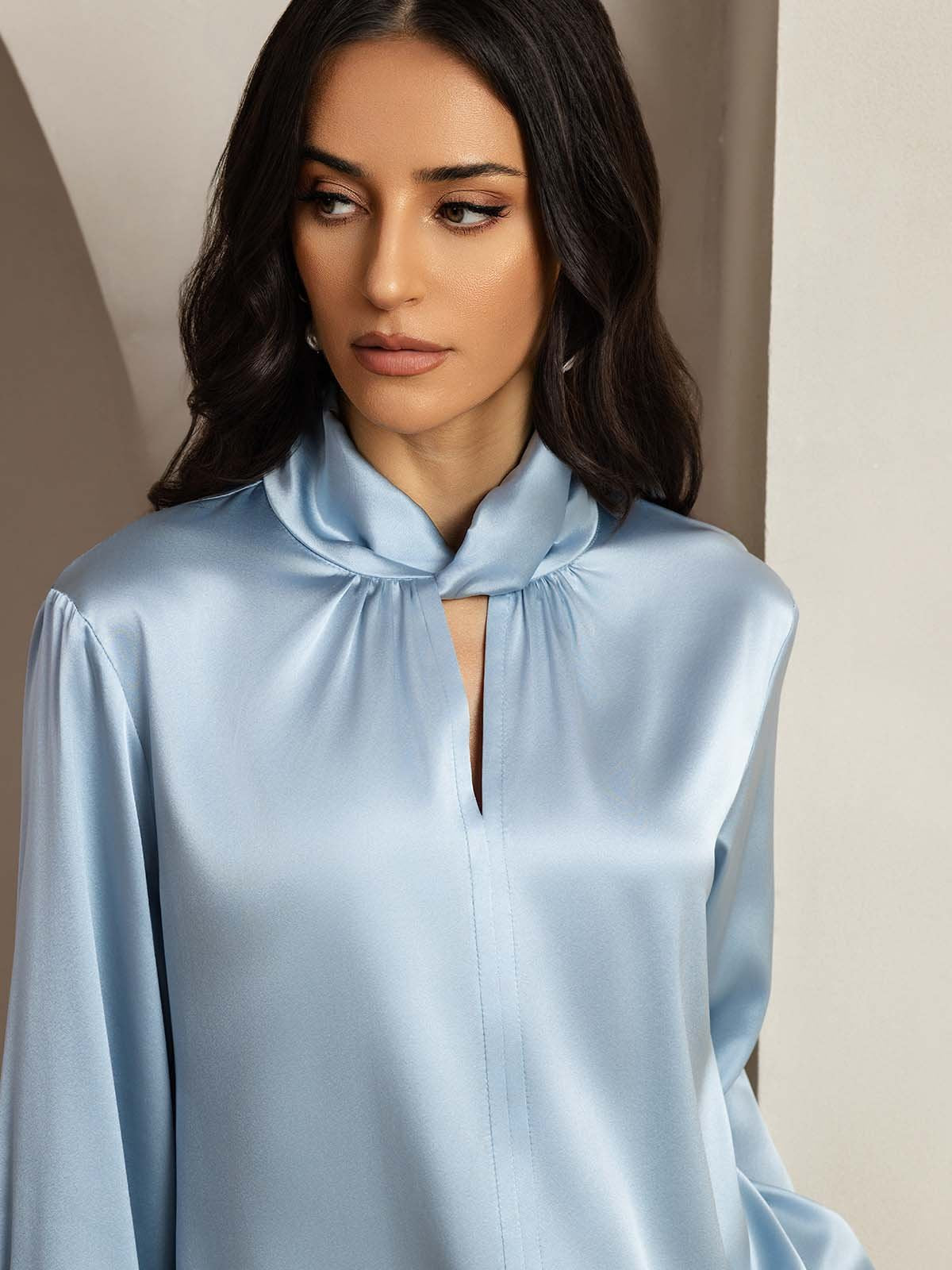 [BleuGrisâtre] SilkSilky-FR 19Momme Soie Womens Shirt 003