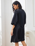 SilkSilky FR Pure Soie Trois quart Nightgown&Robe Set Noir 002