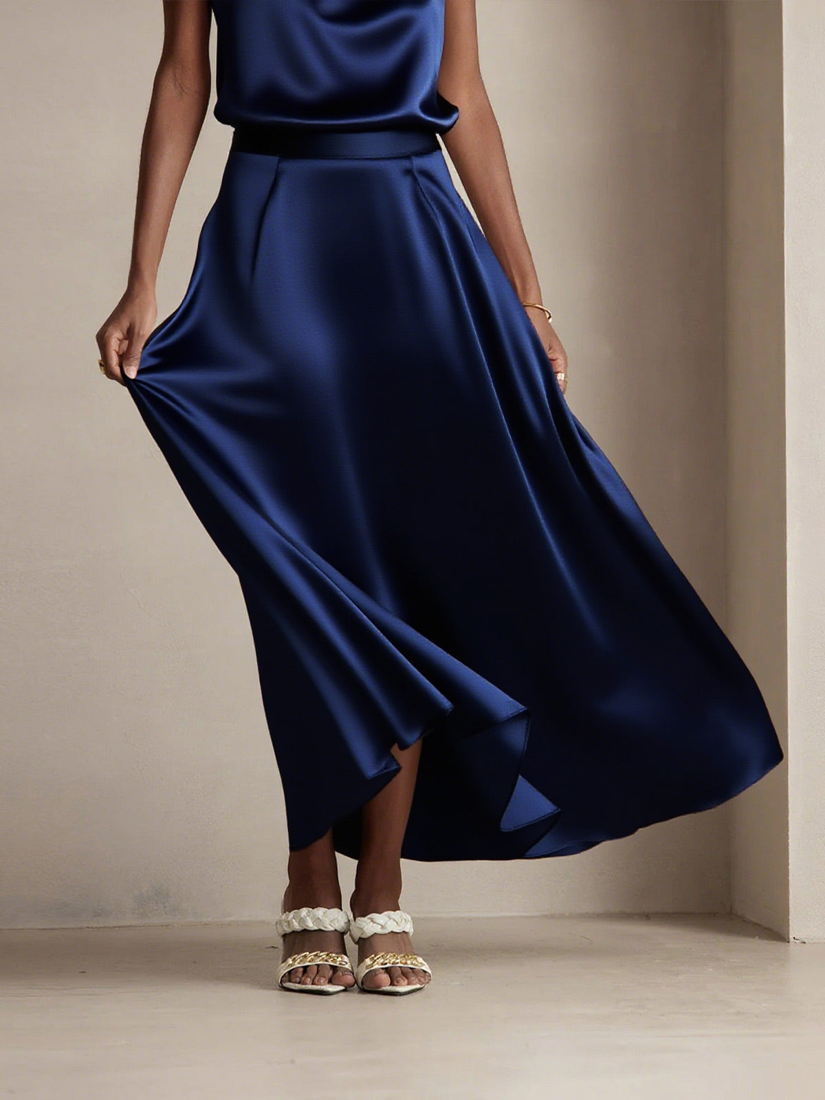 [Bleu Foncé] SilkSilky-FR 19Momme Soie Skirt 005