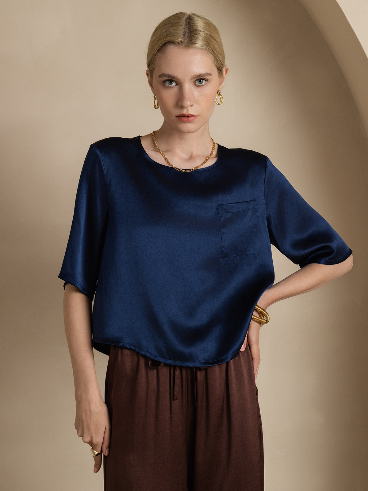 [Bleu Foncé] SilkSilky-FR Pure Soie Manches mi-longues Col Bateau Femme T-Shirt 003