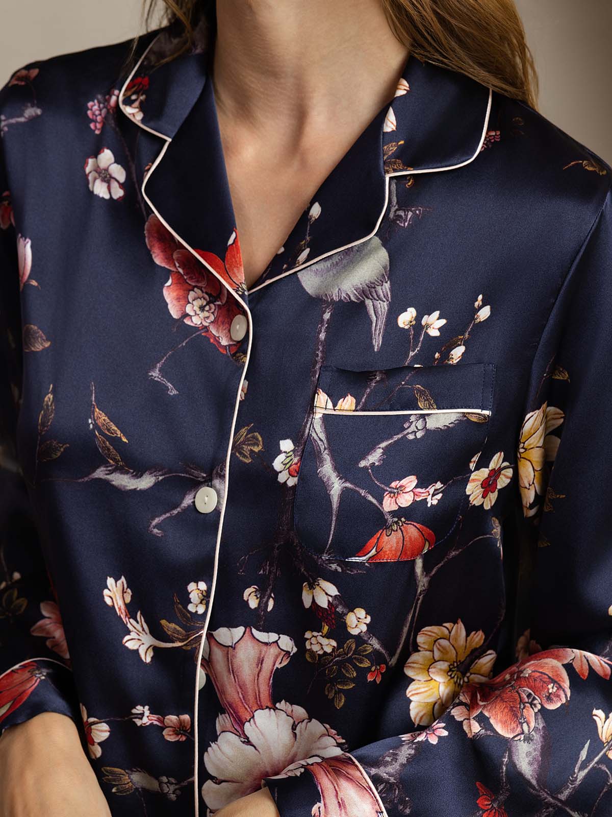[Floral Marine] SilkSilky-FR Pure Soie Womens Pajamas 005