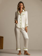[Blanc] SilkSilky-FR Manches longues Col Cranté Femme Pyjamas 007