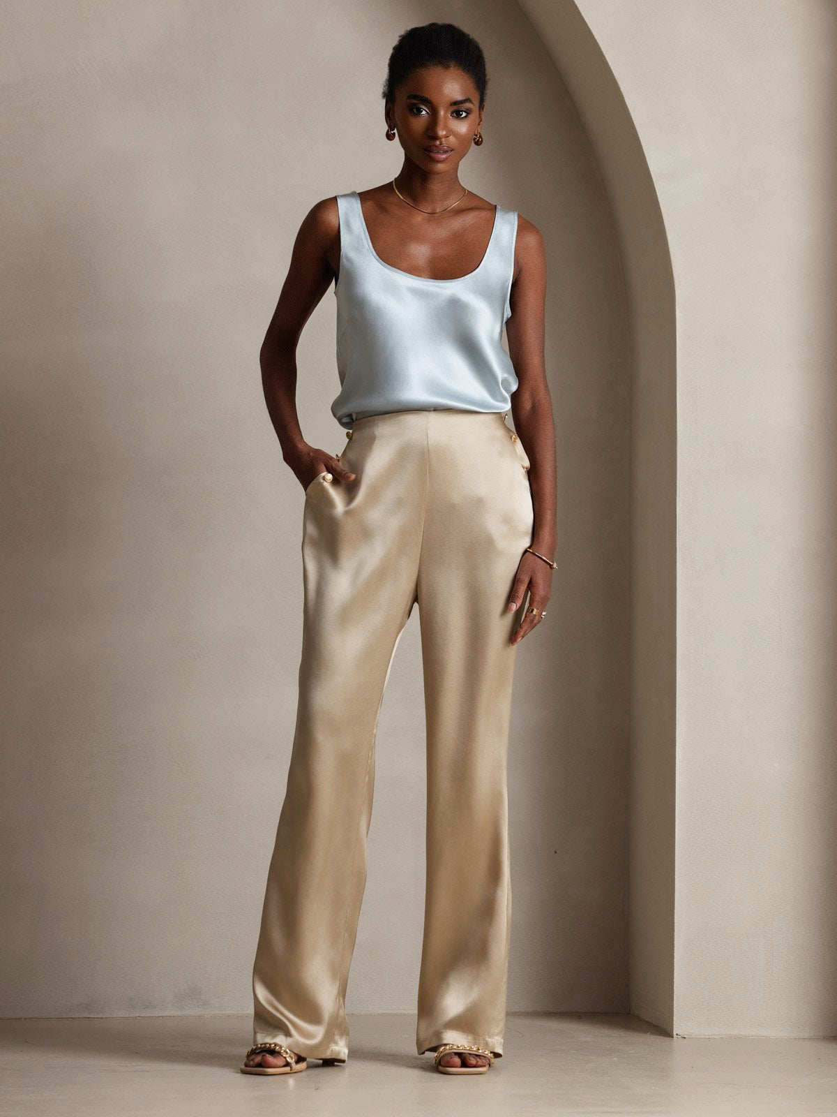 [Champagne] SilkSilky-FR 19Momme Soie Womens Pants 010