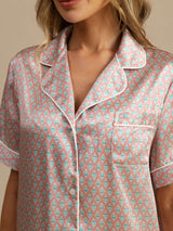 [Rose Cœur Geo] SilkSilky-FR Short Sleeve Lapel Collar Femme Pyjamas 004