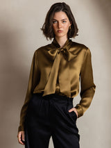 [Brun] SilkSilky-FR Long Sleeve Tie Neck Blouse 006