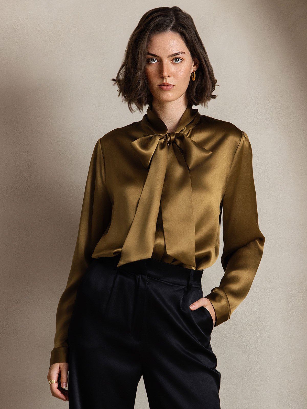 [Brun] SilkSilky-FR 19Momme Manches longues À Nouer Blouse 006