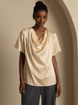 [Champagne] SilkSilky-FR Short Sleeve Cowl Neck Blouse 001