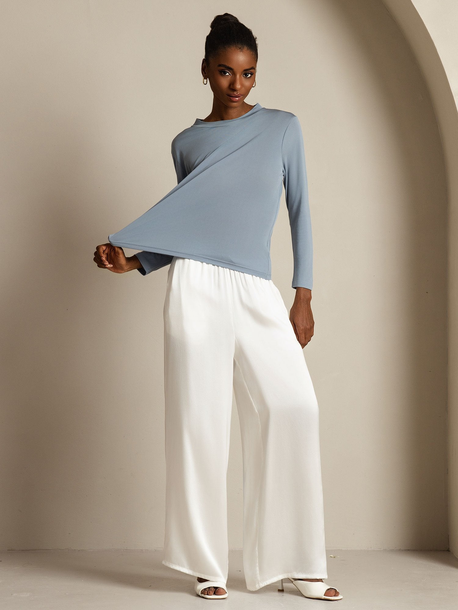 [BleuGrisâtre] SilkSilky-FR Soie Col Rond Femme T-Shirt 008