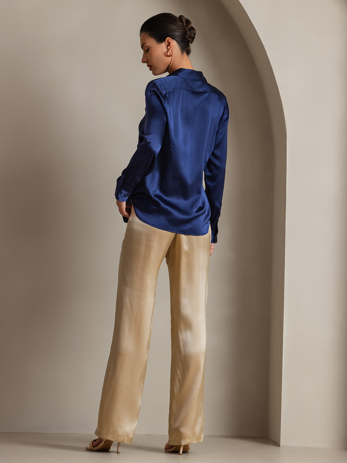 [Bleu Foncé] SilkSilky-FR Soie Manches longues Col Chemise Femme Chemise 002