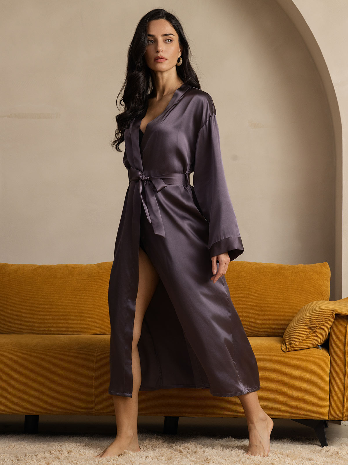 [Gris Pourpre] SilkSilky-FR Pure Soie Womens Robe 004