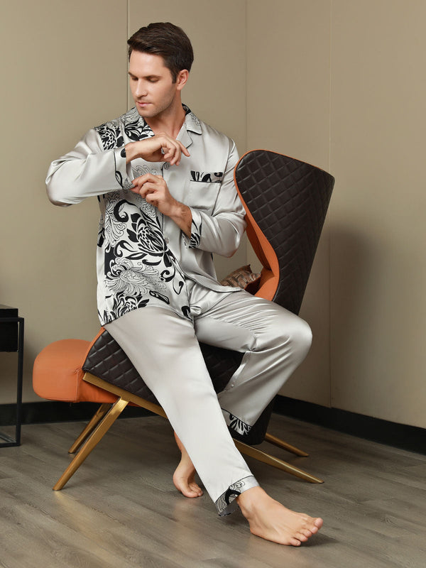 Ensemble de Pyjama à Revers Imprimé Floral pour Hommes en Pure Soie