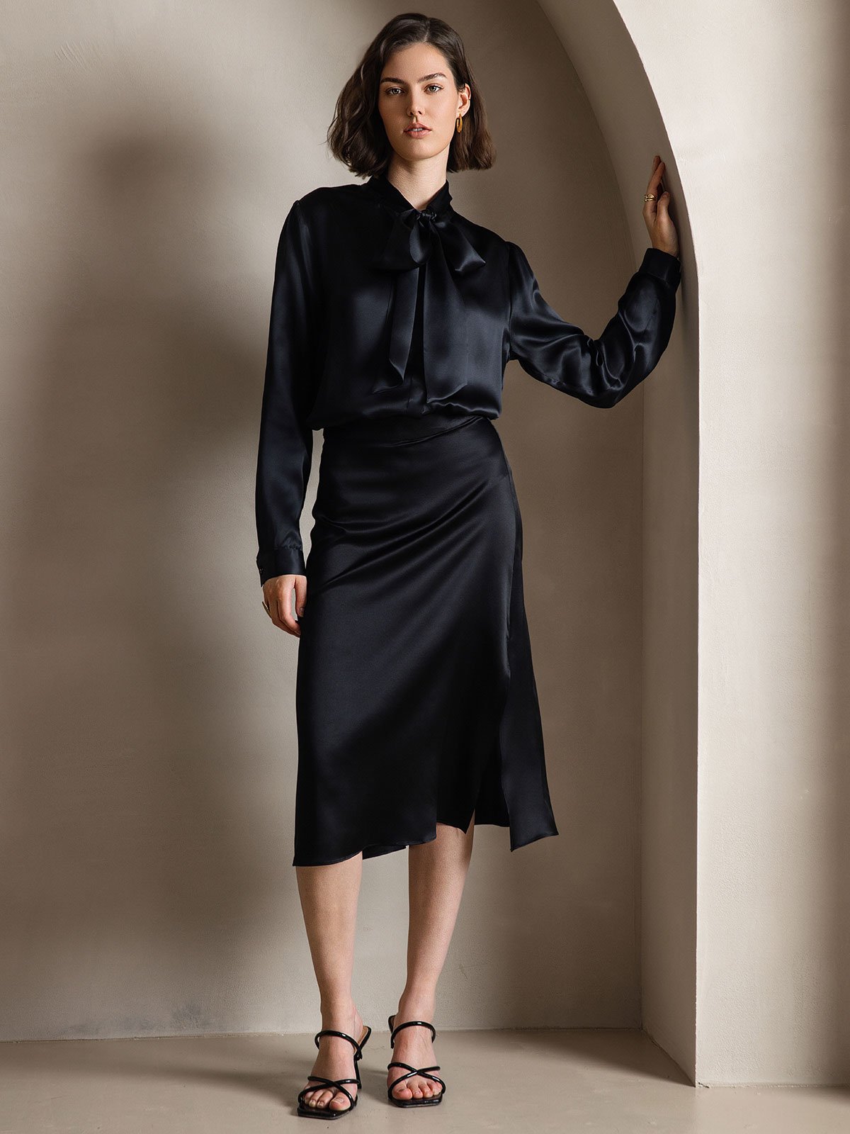 [Noir] SilkSilky-FR 19Momme Manches longues À Nouer Blouse 006