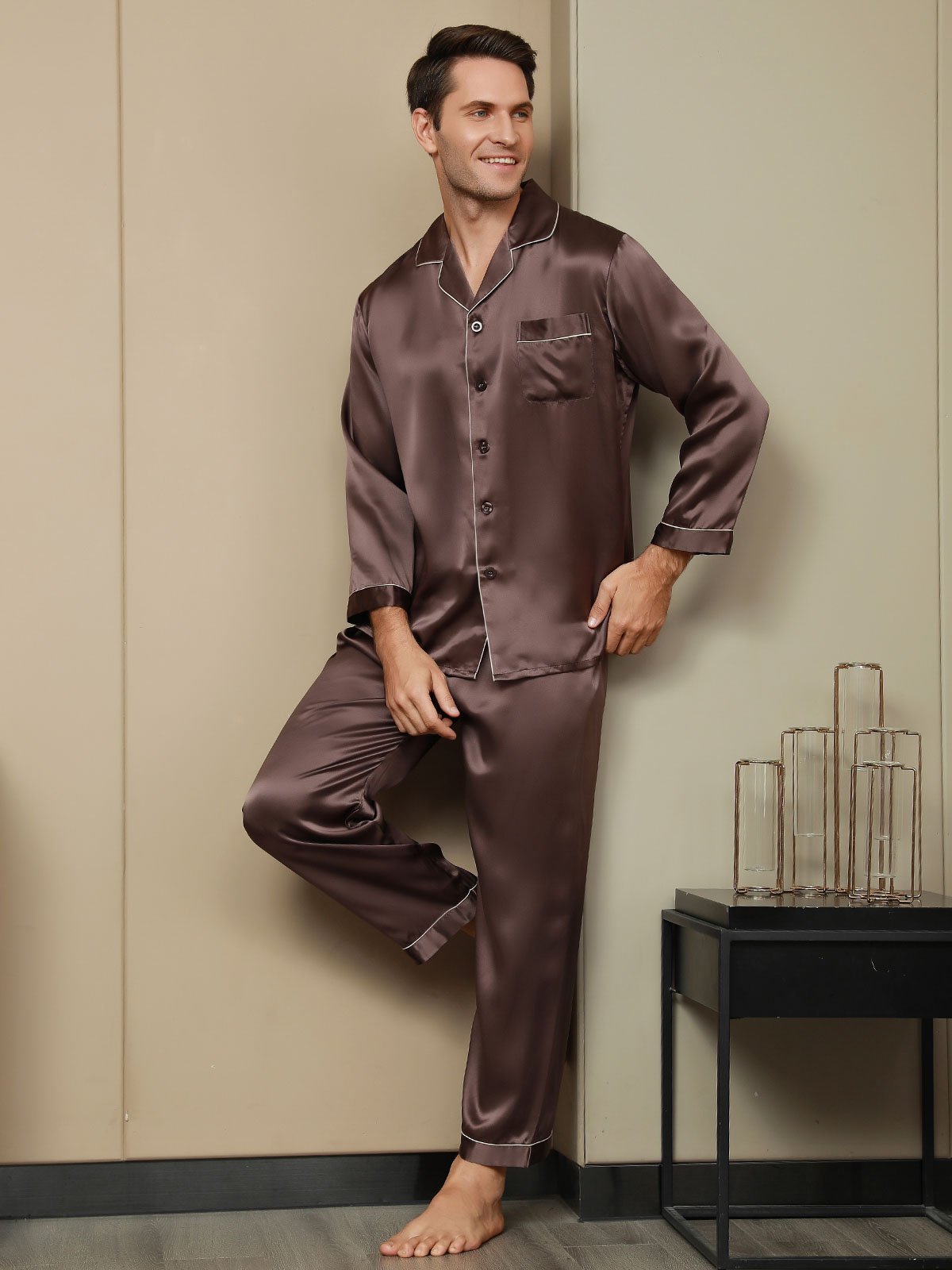 SilkSilky FR Pure Soie Manches longues Revers Homme Pyjamas Café 004