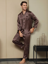 [Café] SilkSilky-FR Pure Soie Manches longues Revers Homme Pyjamas 004