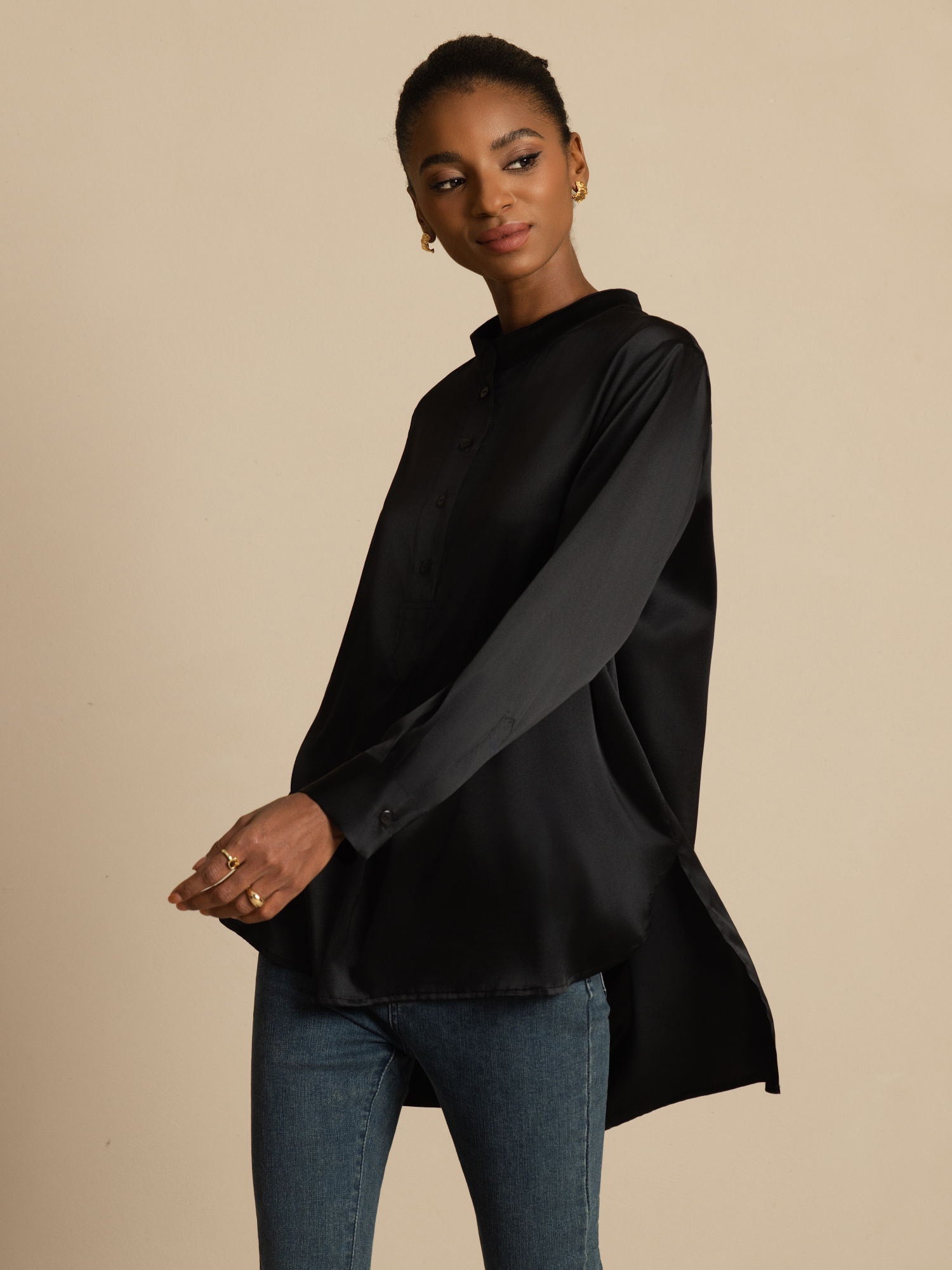 [Noir] SilkSilky-FR 19Momme Soie Manches longues Col Montant Blouse 003