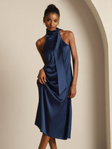 [Bleu Foncé] SilkSilky-FR Sleeveless Tie Neck Robes 006