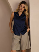 [Bleu Foncé] SilkSilky-FR Sleeveless Lapel Collar Femme Chemise 006