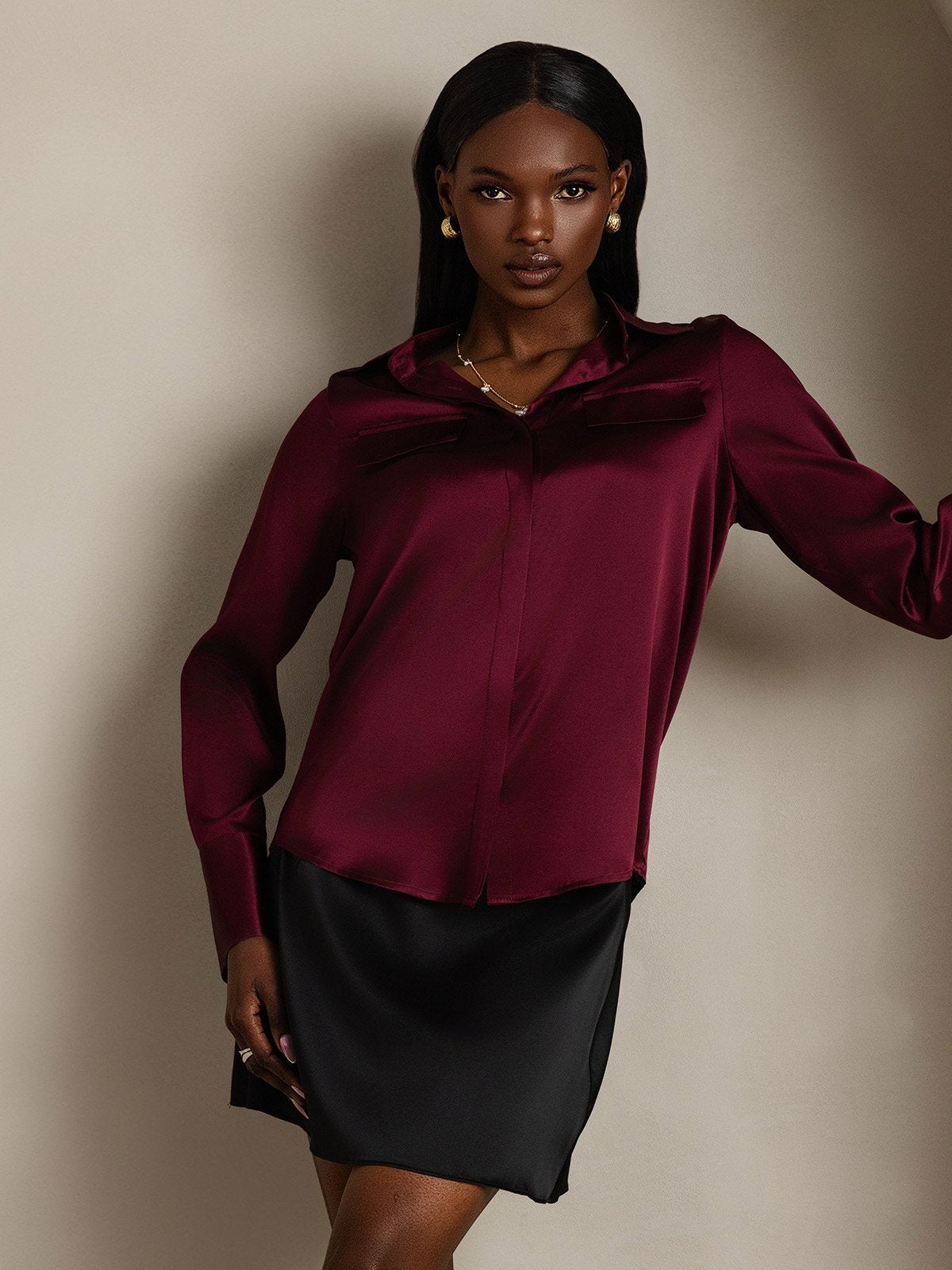 SilkSilky-FR 19Momme Soie Manches longues Col Chemise Femme Chemise RougeFoncé 003